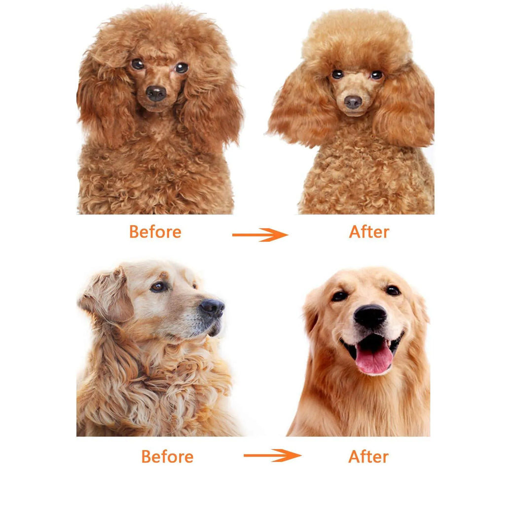 Red pet grooming comb with stainless steel short and long teeth and a plastic anti-slip handle.