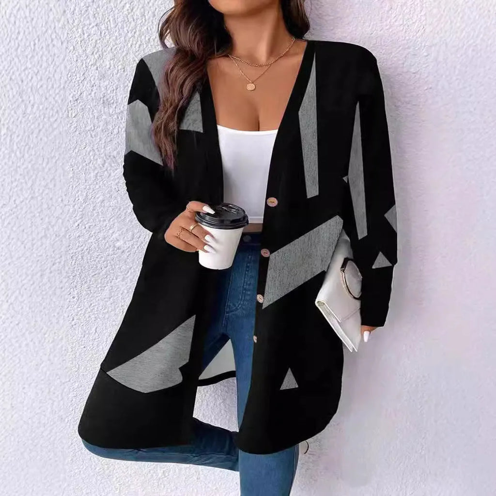 Black plus size casual cardigan with button detailing and stitching print in loose Japanese Korean style