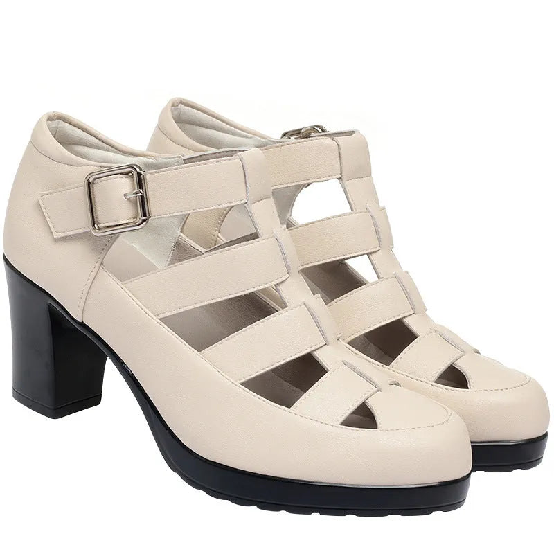 Women's beige closed toe sandals with chunky heel, woven pattern, buckle ankle strap, and back zipper.