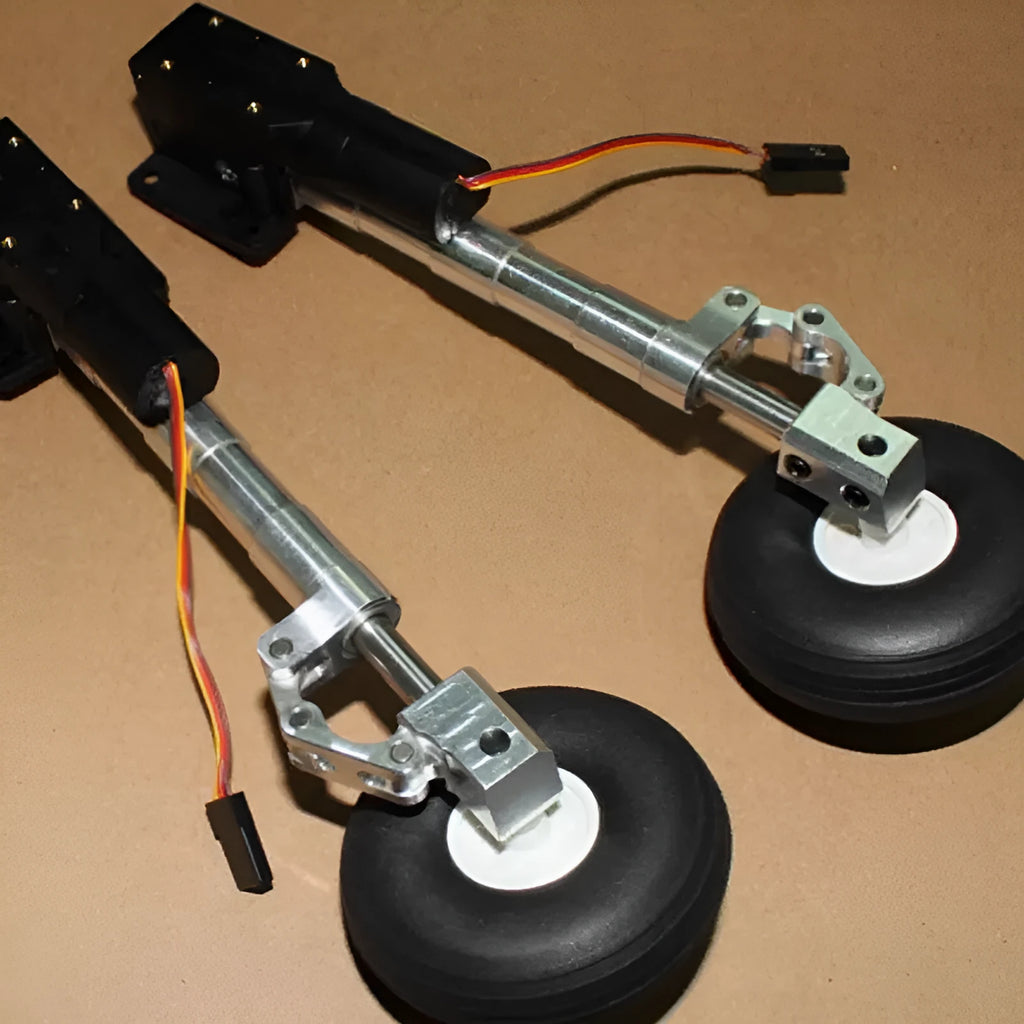 Black alloy retractable landing gear for RC aircraft with shock-absorbing mechanism and adjustable height