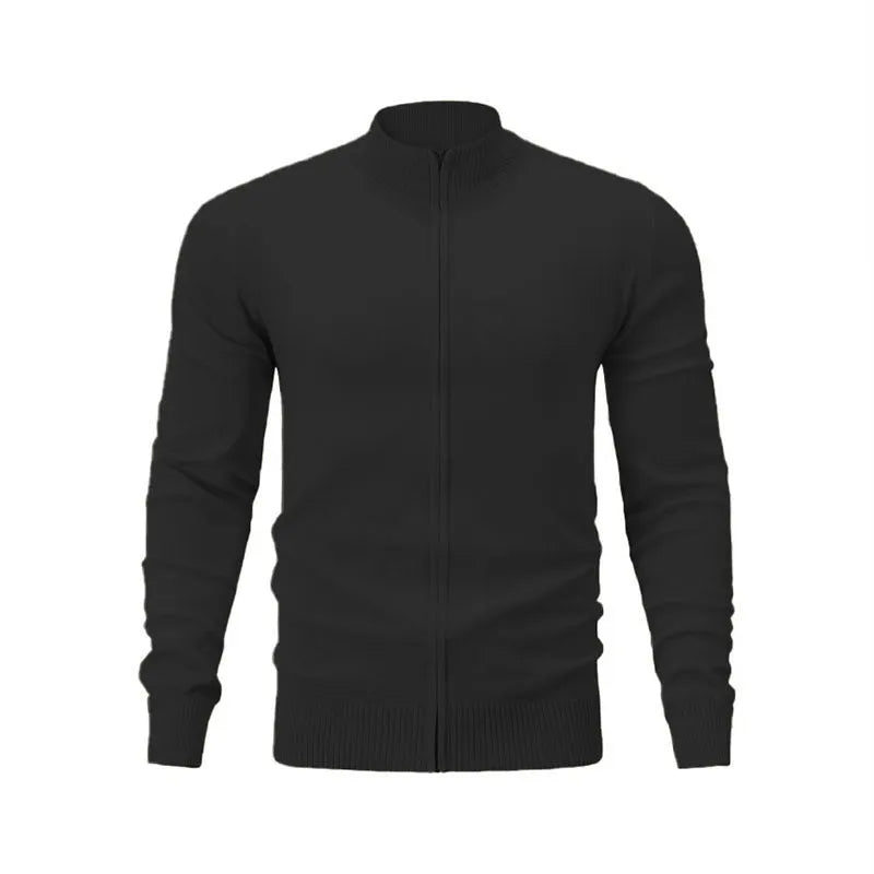Men's cotton zip-up cardigan with stand collar in loose fit available in seven solid colours