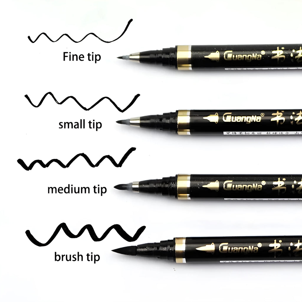 Six soft brush calligraphy pens in various nib sizes, plastic barrels, re-inkable design
