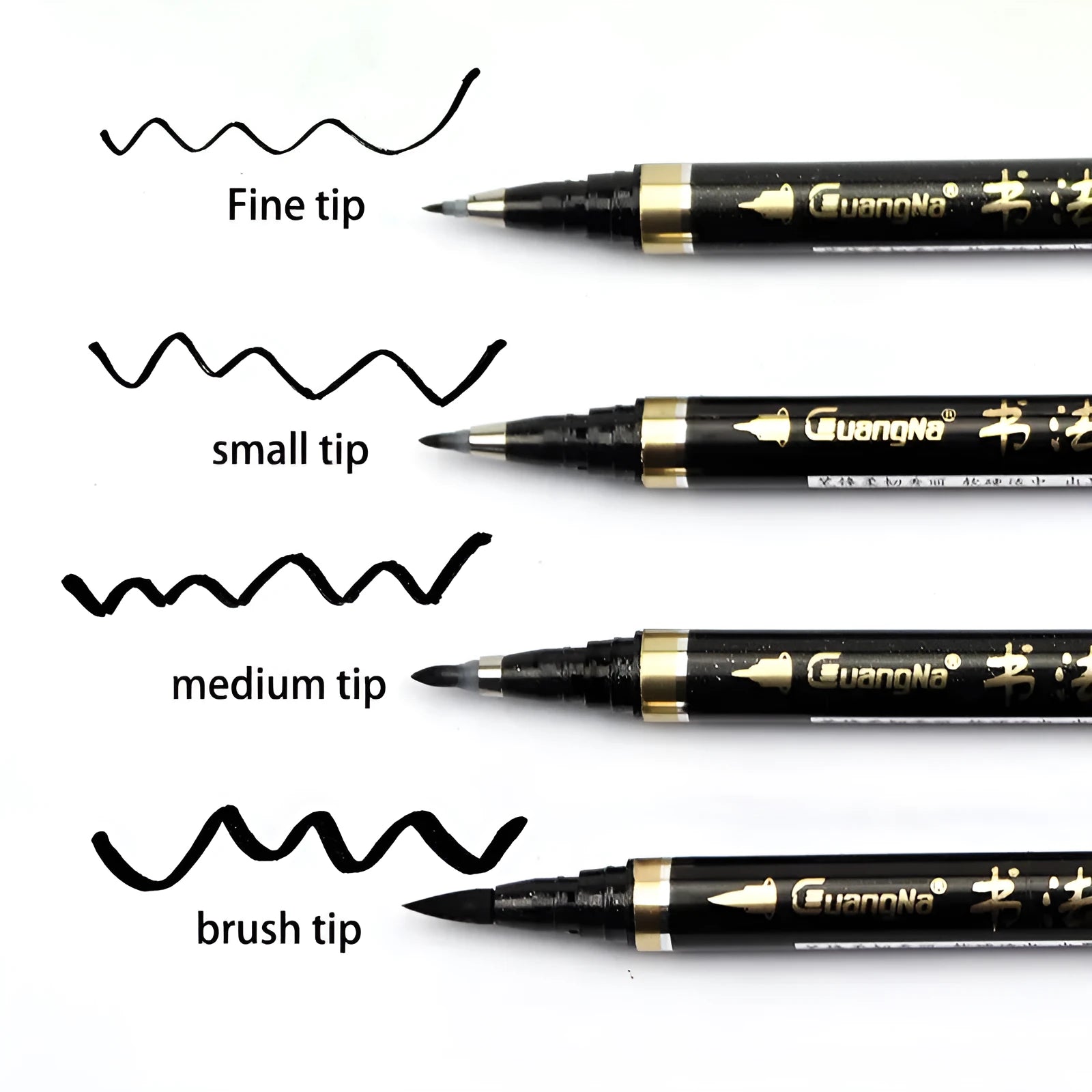 Six soft brush calligraphy pens in various nib sizes, plastic barrels, re-inkable design