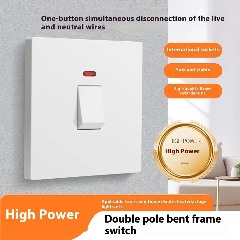 Curved rack high-power switch with light panel in gold, grey, or white for 25A/45A water heater and air conditioner circuits