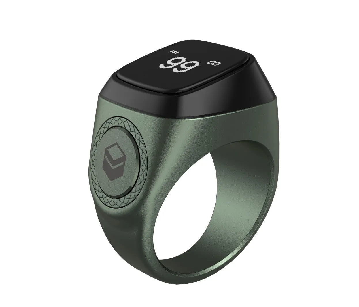 Zikr1 smart Islamic prayer ring in silver on a hand, showing its OLED display and single button.