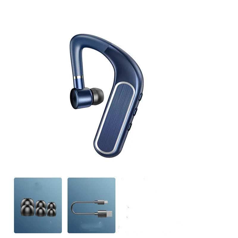 Wireless Bluetooth earphones in black with hanging ear design and silicone ear caps