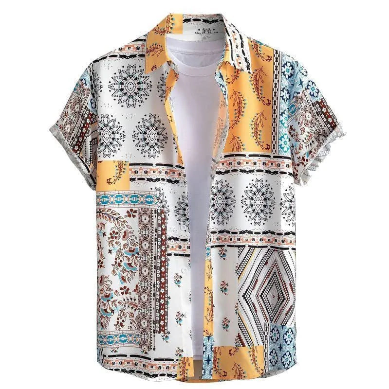 Men's slim fit digital printed Hawaiian short sleeve shirt in elastic polyester, showing colour options.