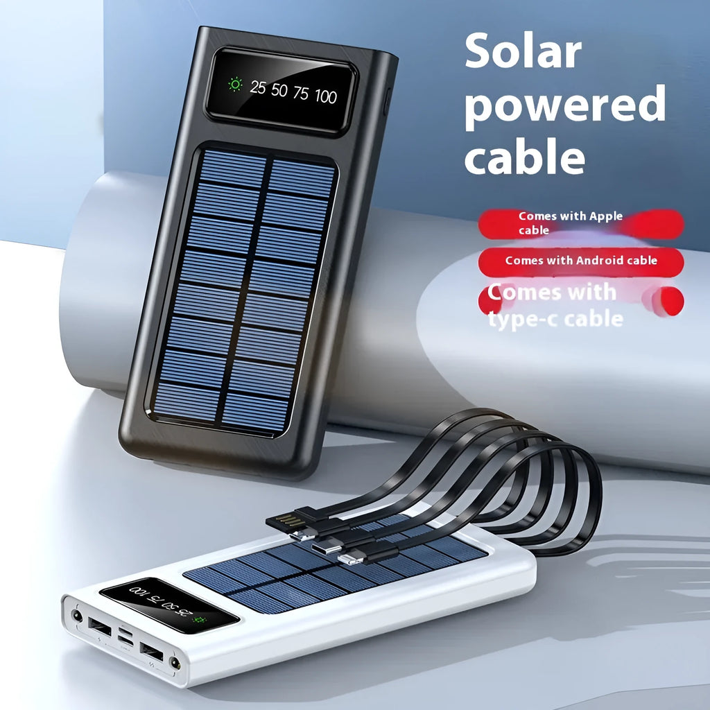 Solar power bank with integrated cables showing black plastic shell and solar panel