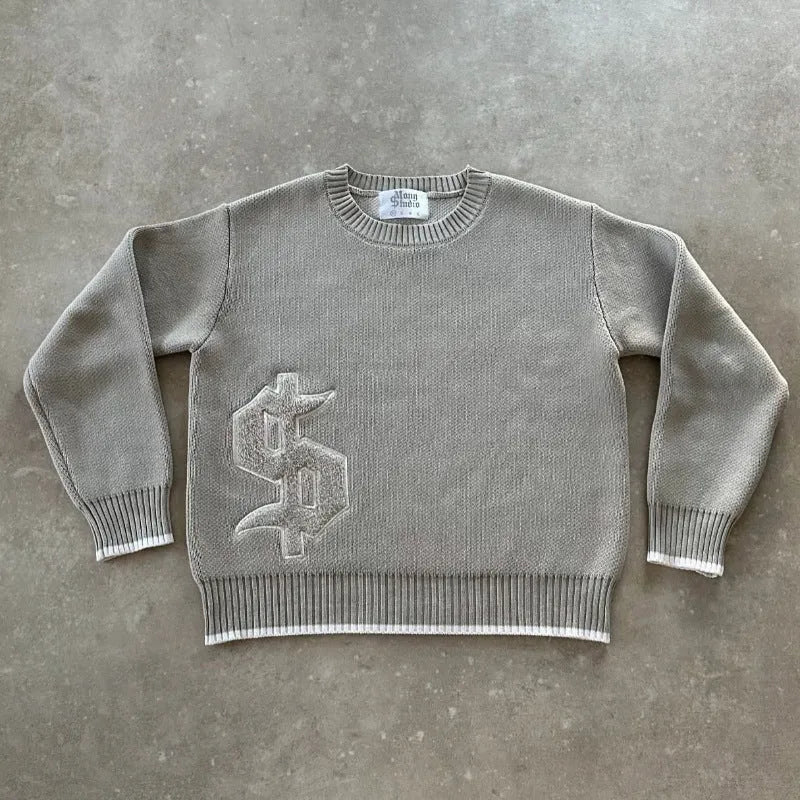 Grey jacquard loose-fitting knitwear coat with long sleeves for autumn and winter