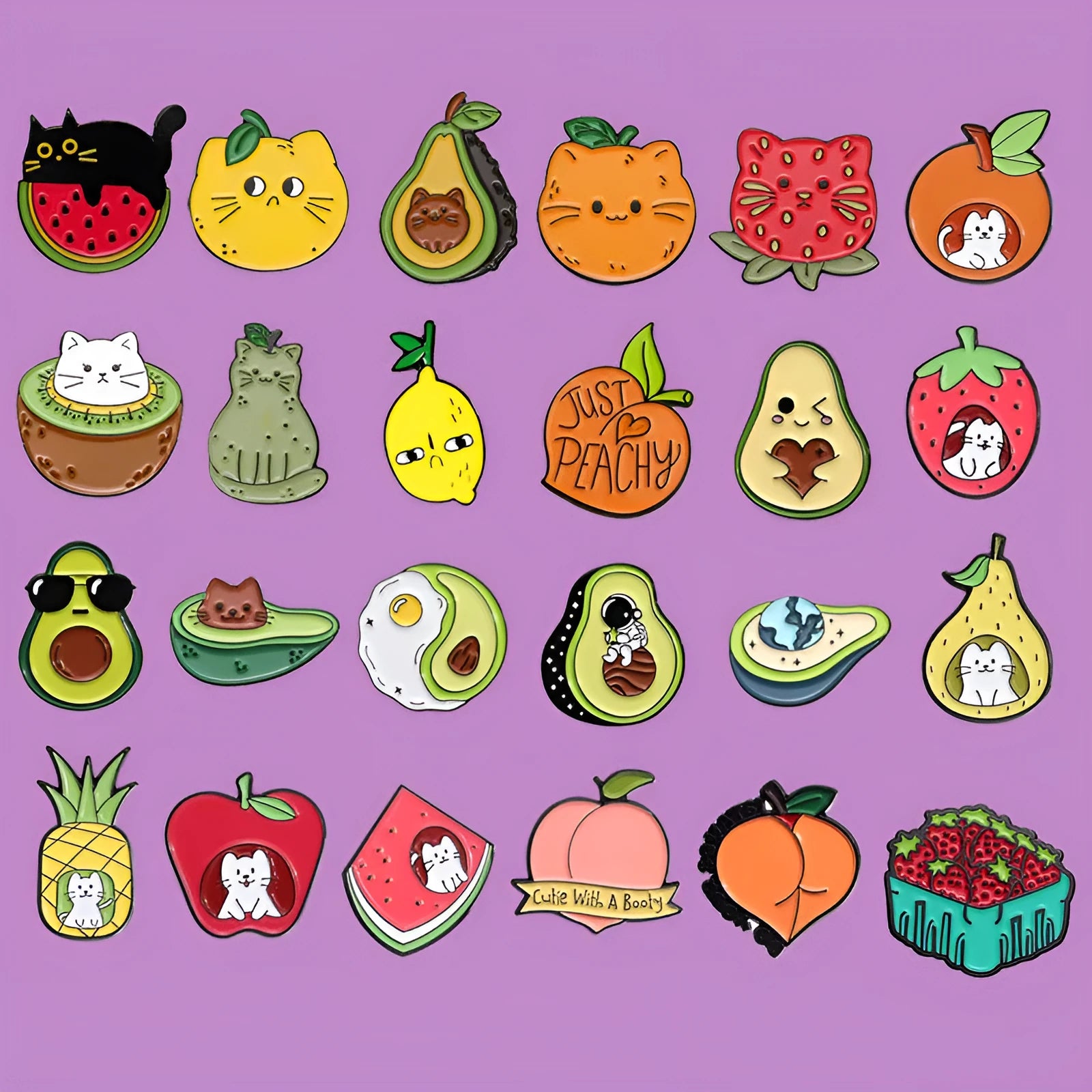 Colourful cartoon fruit design metal brooch with pin back on a fabric background.