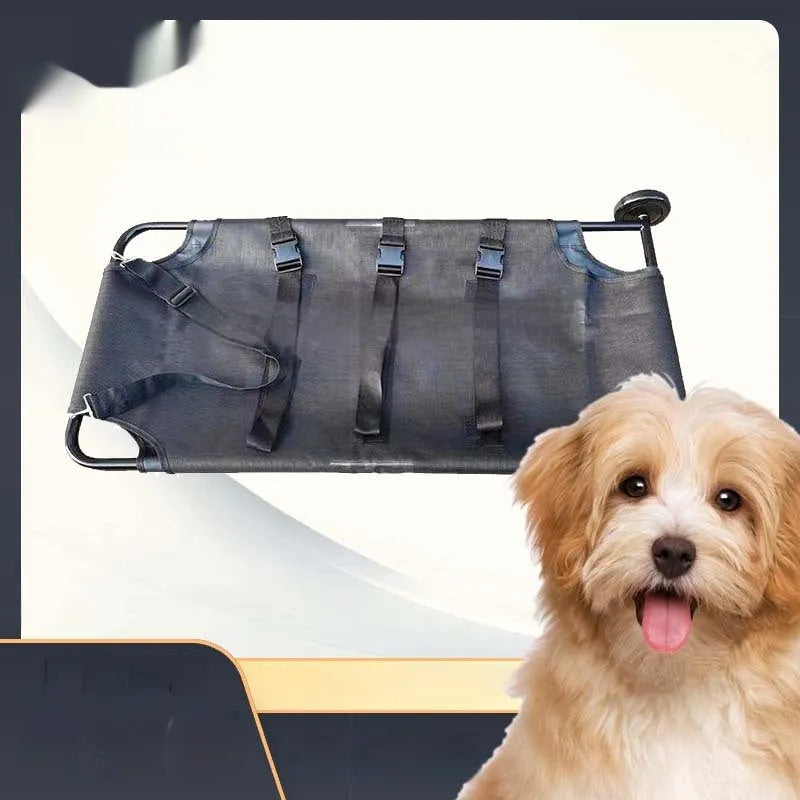 Large black foldable aluminium alloy pet stretcher for dogs laid flat.