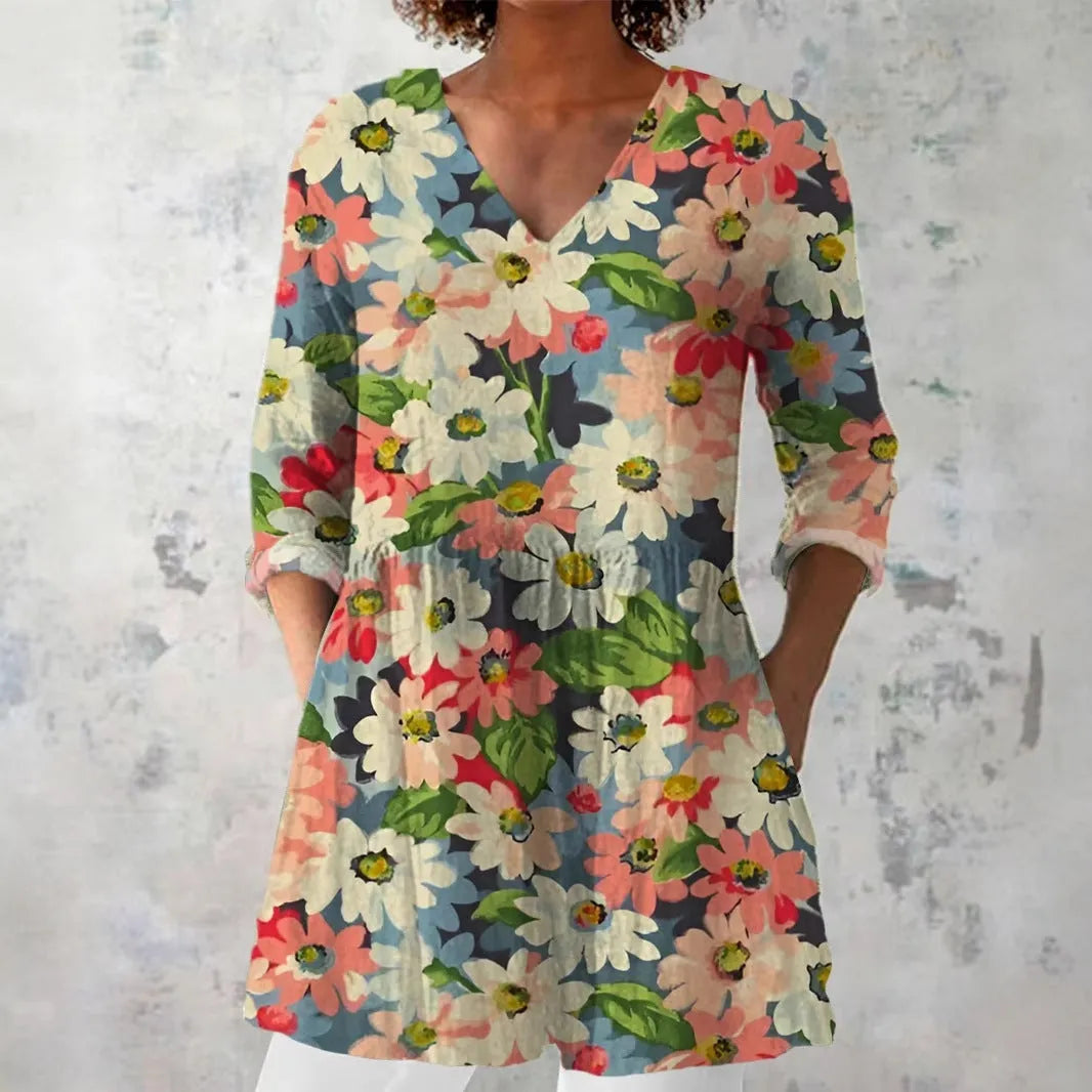 Women's retro slim fit printed long-sleeved top in a selected colour style.