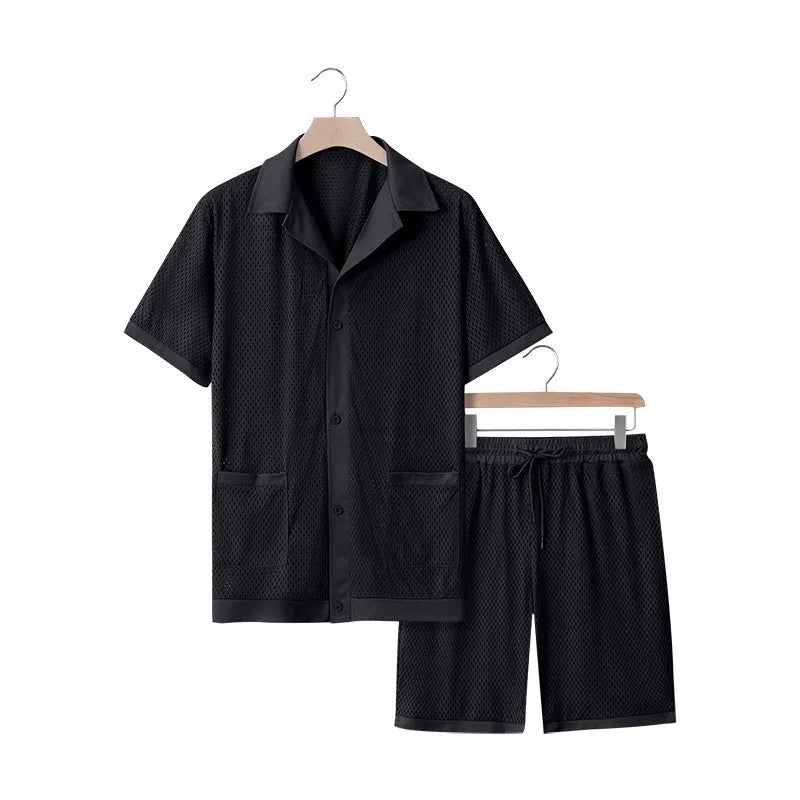Lake blue see-through beach dress with matching cardigan and shorts set on a model.