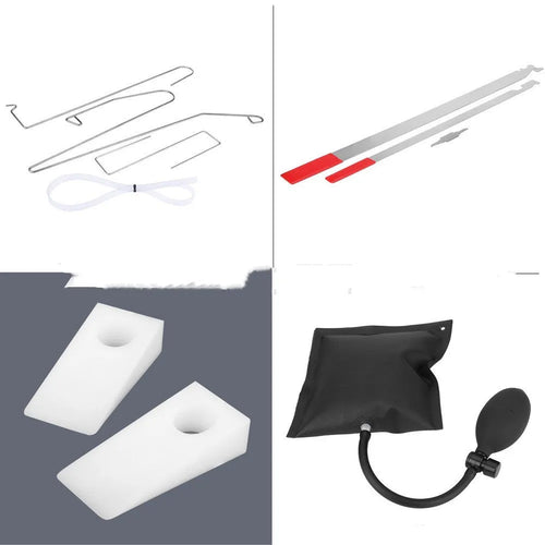 9-piece automotive maintenance tool set with air pump wedge, plastic wedges, and metal crowbar tools
