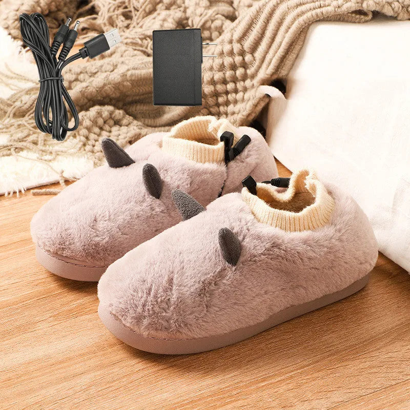 USB electric heating slippers in velvet, showing USB cable connection and adjustable temperature control.