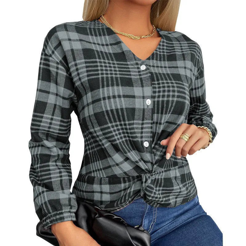 Women's plaid casual loose shirt in purple, grey or red with regular sleeves