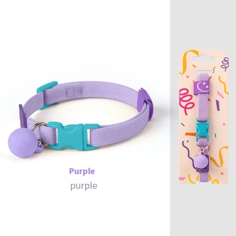 Small dog elastic polyester pet collar in seven colour options showing yellow, pink, and blue examples