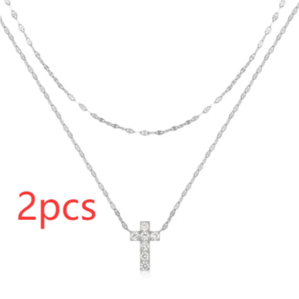 925 sterling silver double layer twin diamond cross necklace on clavicle chain