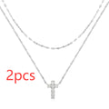 925 sterling silver double layer twin diamond cross necklace on clavicle chain