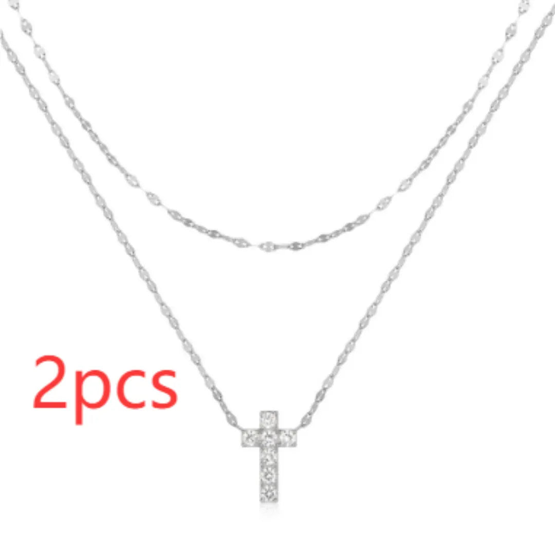 925 sterling silver double layer twin diamond cross necklace on clavicle chain