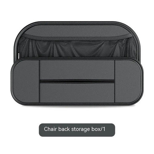 Black leather car seat back storage bag with adjustable straps measuring 36cm wide by 24cm high