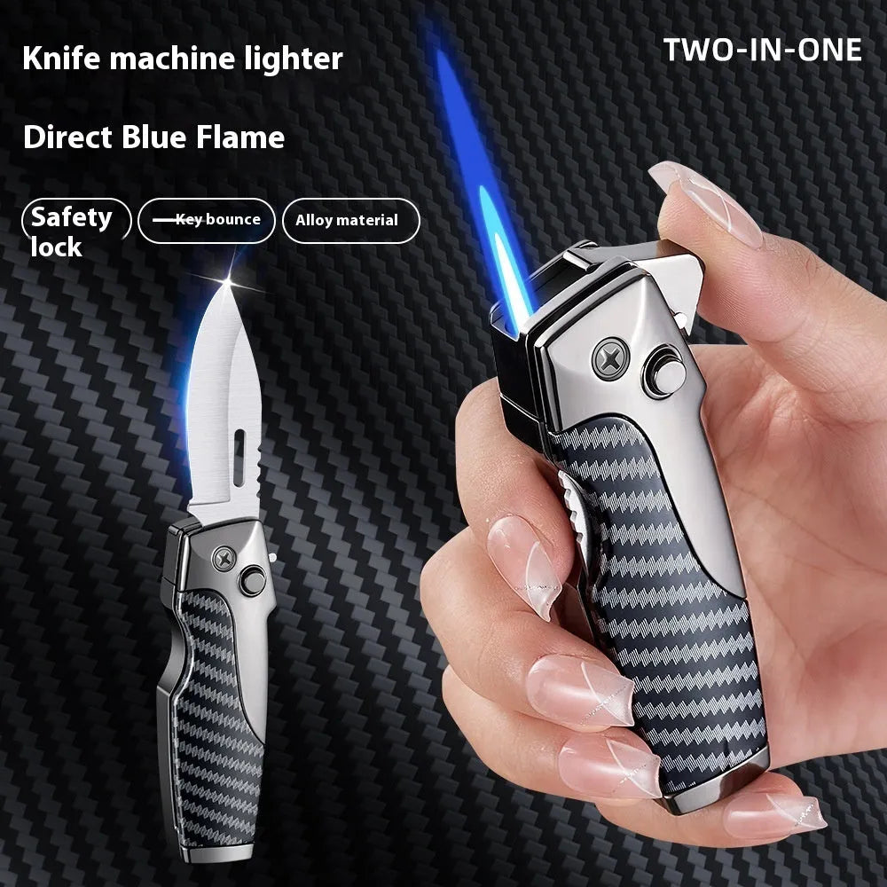 Metal folding lighter with an extended knife blade, shown in a black finish with wood grain texture.