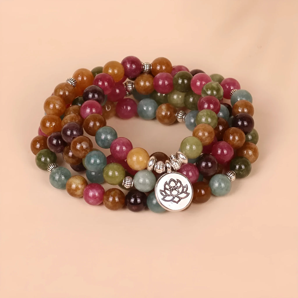 108-bead lotus hanging multi-layer bracelet with tourmaline colour alloy construction