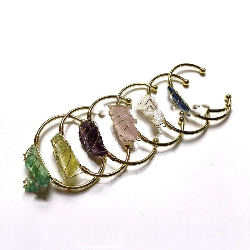 Unshaped natural crystal rough stone bracelet with gold winding geometric design and mixed colour stones