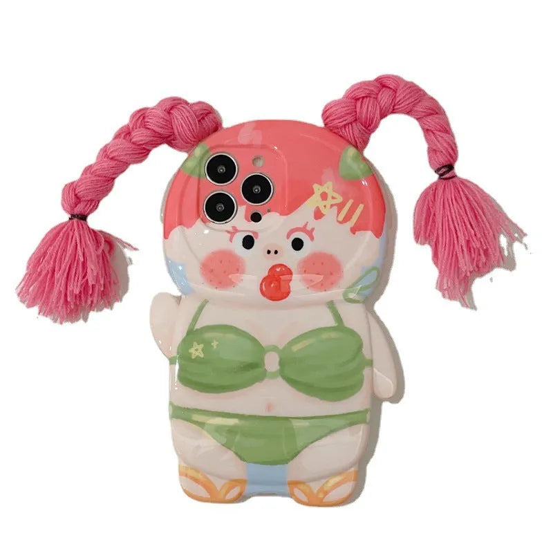 Pink and green cartoon girl summer design silicone case for iPhone