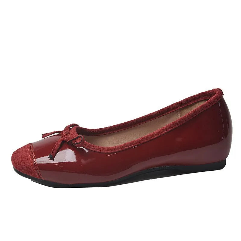 Retro ballet flat shoes in wine red with bow detail and square toe