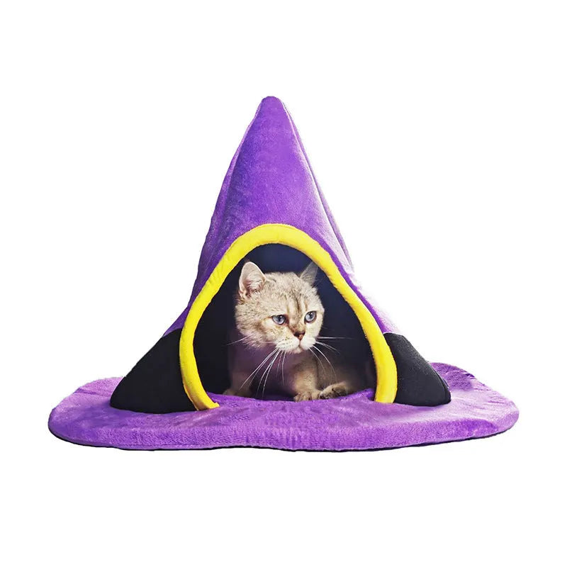 Purple Halloween witch hat shaped cat nest pet bed measuring 60 by 45 cm