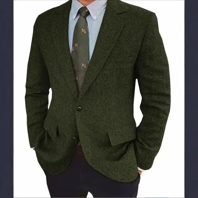 Men's brown herringbone business casual suit jacket with retro styling and long sleeves