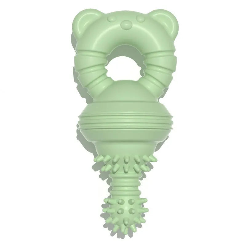 Blue rubber dog chew toy with bell and concave-convex molar design for teeth cleaning.