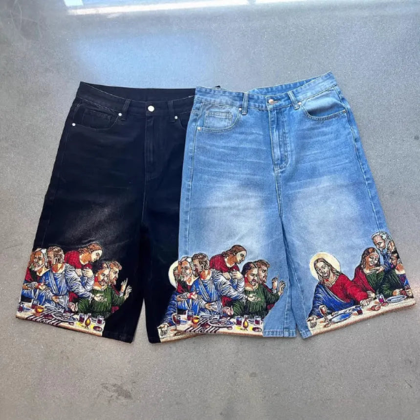 Men's blue cotton shorts with Jesus print on back pocket showing tapered leg fit