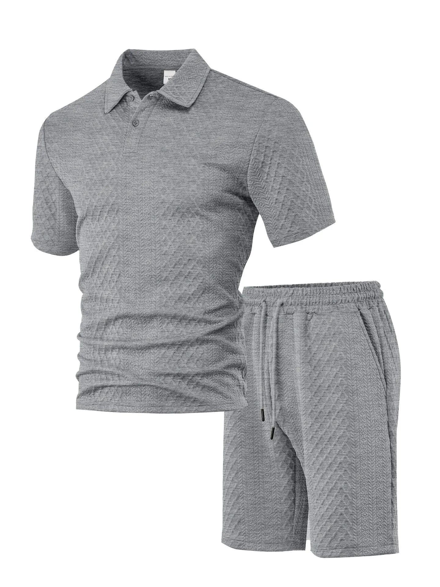 Men's patterned cloth casual suit with short sleeve polo top and matching trousers in multiple colour options
