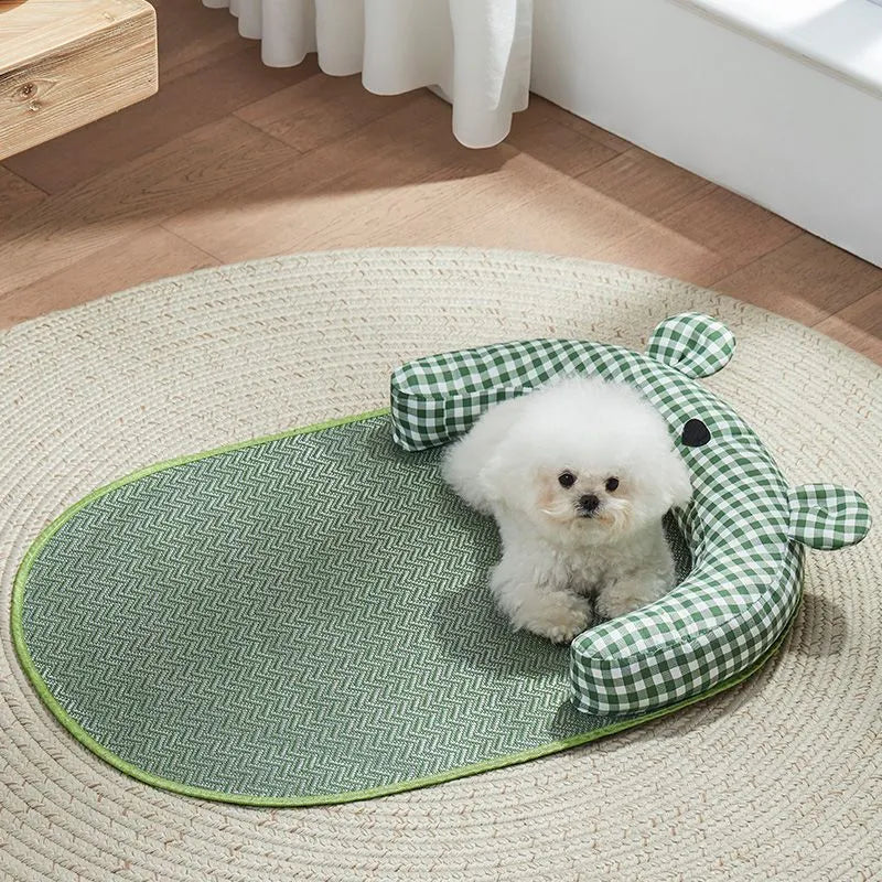 Green and yellow four seasons dog cooling mat with ice pad technology in multiple sizes