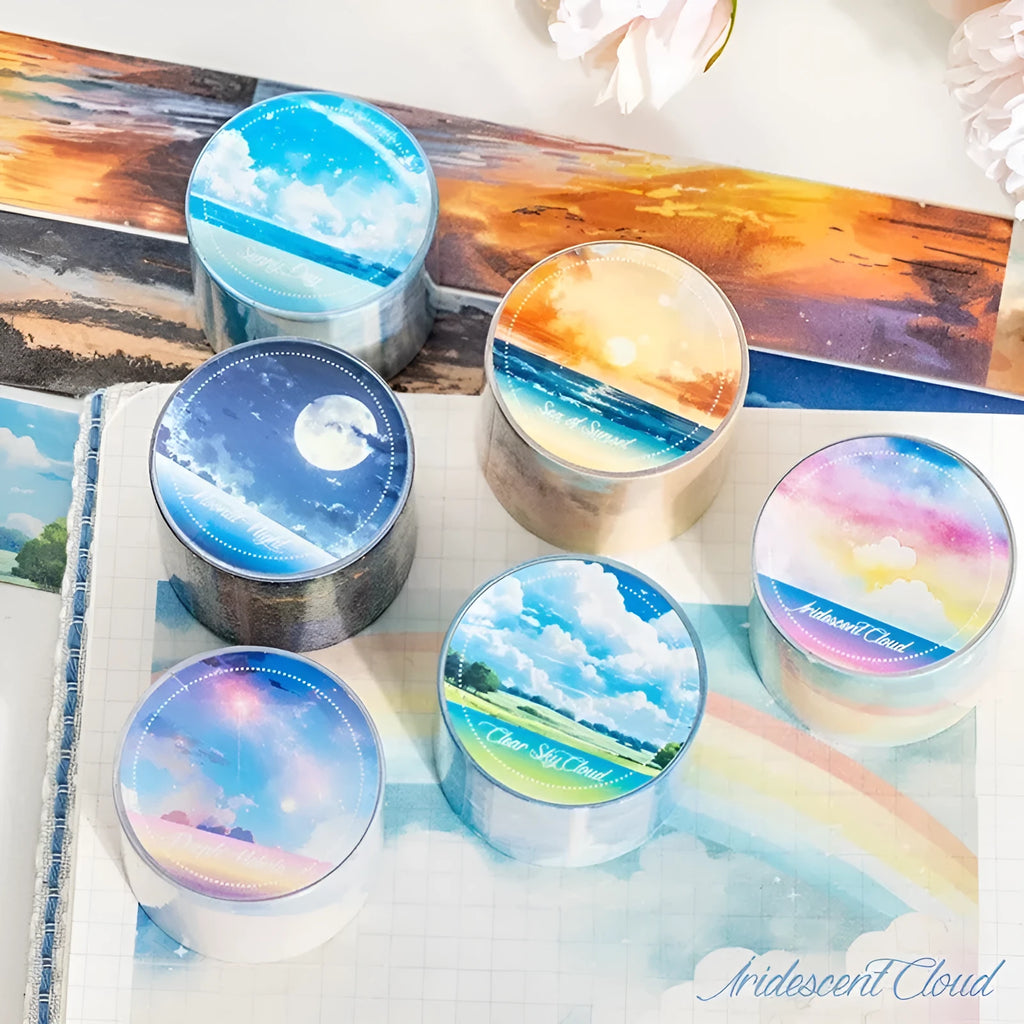 Roll of Japanese paper washi tape with sky theme patterns, showing 30mm width and 2m length.