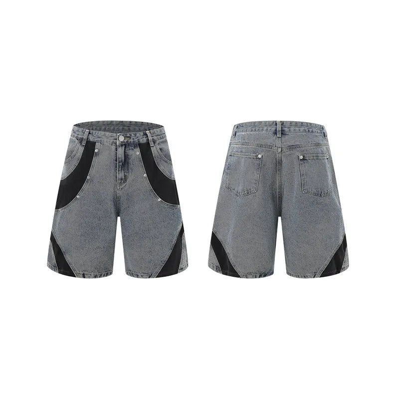 Retro denim suit set showing washed finish short-sleeve jacket and matching trousers