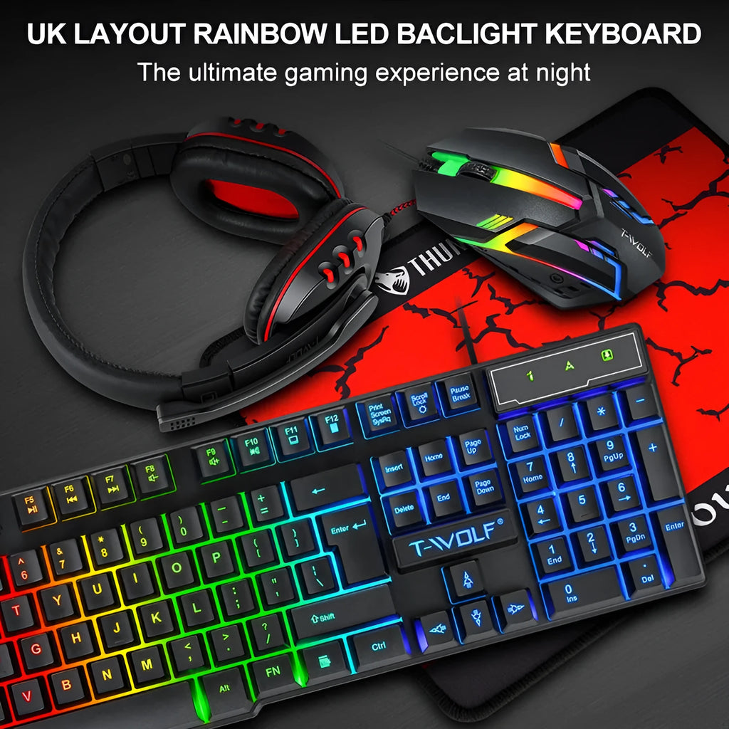 Wired USB keyboard and mouse bundle with gaming headset and mouse pad on desktop