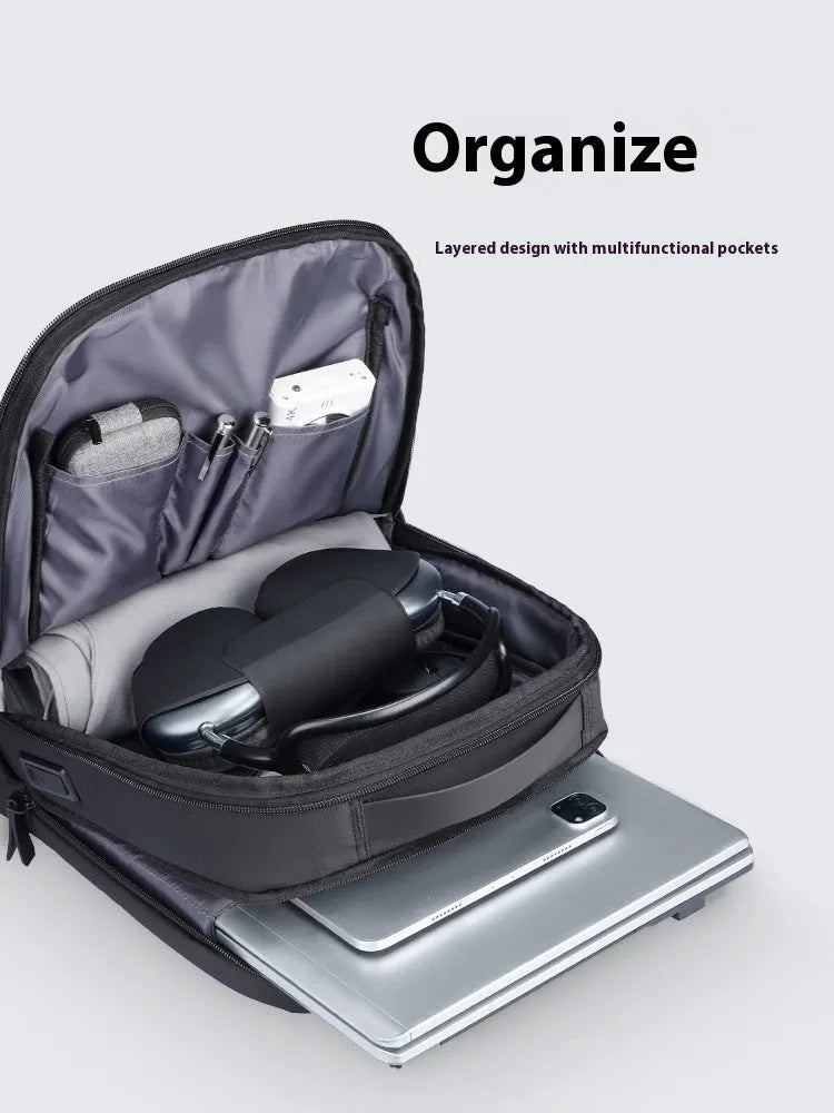 Graphite grey USB business backpack with external charging port and Oxford cloth construction