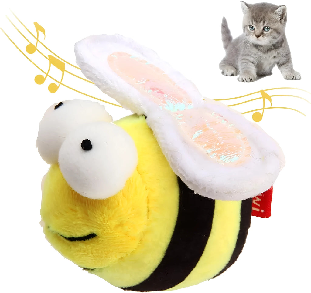 Yellow flannelette electronic bee-shaped cat toy that chirps when moved.
