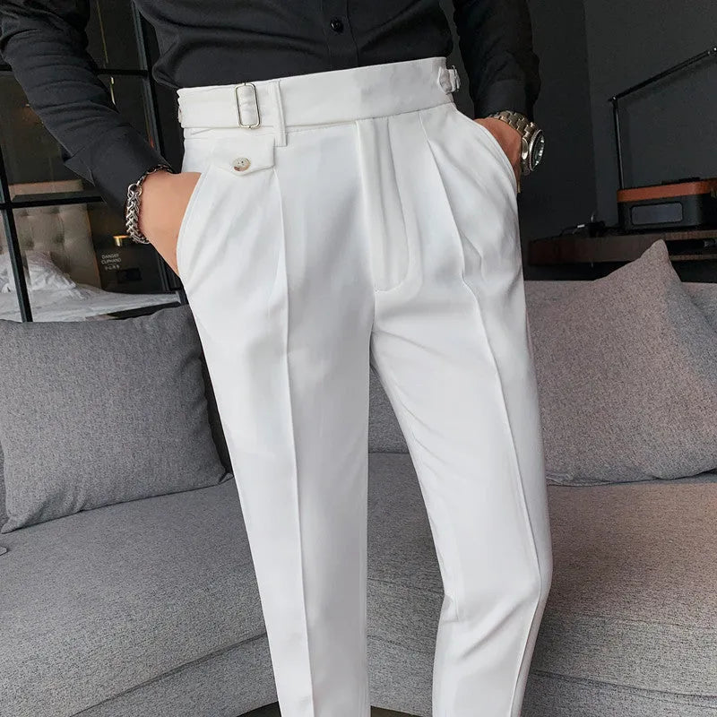 Men's straight-leg casual trousers in polyester fabric showing multiple solid colour options