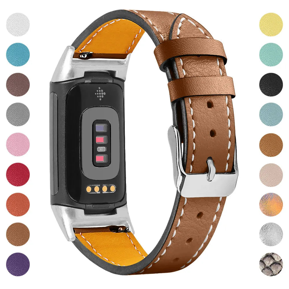 Genuine brown leather watch strap for Fitbit Charge 5 and Charge 6 smartwatches.