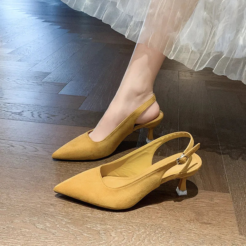 Women's apricot suede pointed-toe stiletto high heel shoe with a rubber sole