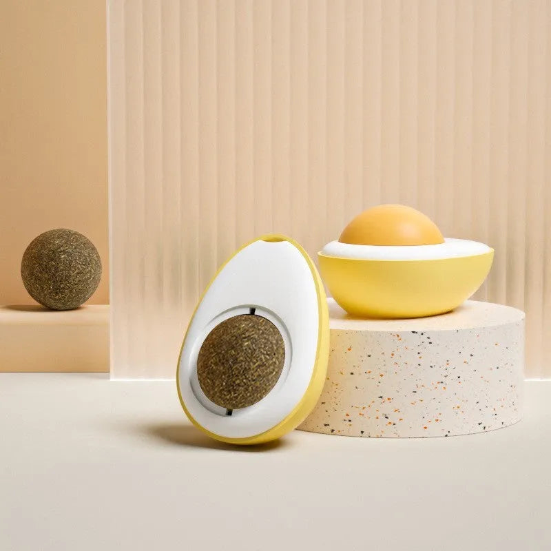 Interactive catnip ball toy with soft plush construction in fried egg and poached egg sizes