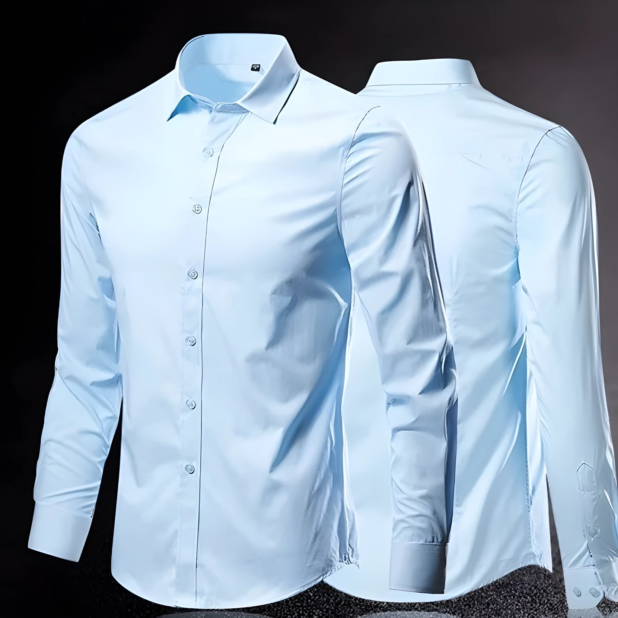 Man wearing a loose-fit linen long sleeve shirt in a neutral colour, showing the slim profile and button front.