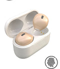 Invisible 9mm skin tone Bluetooth touch earphone shown next to white and pink colour options.