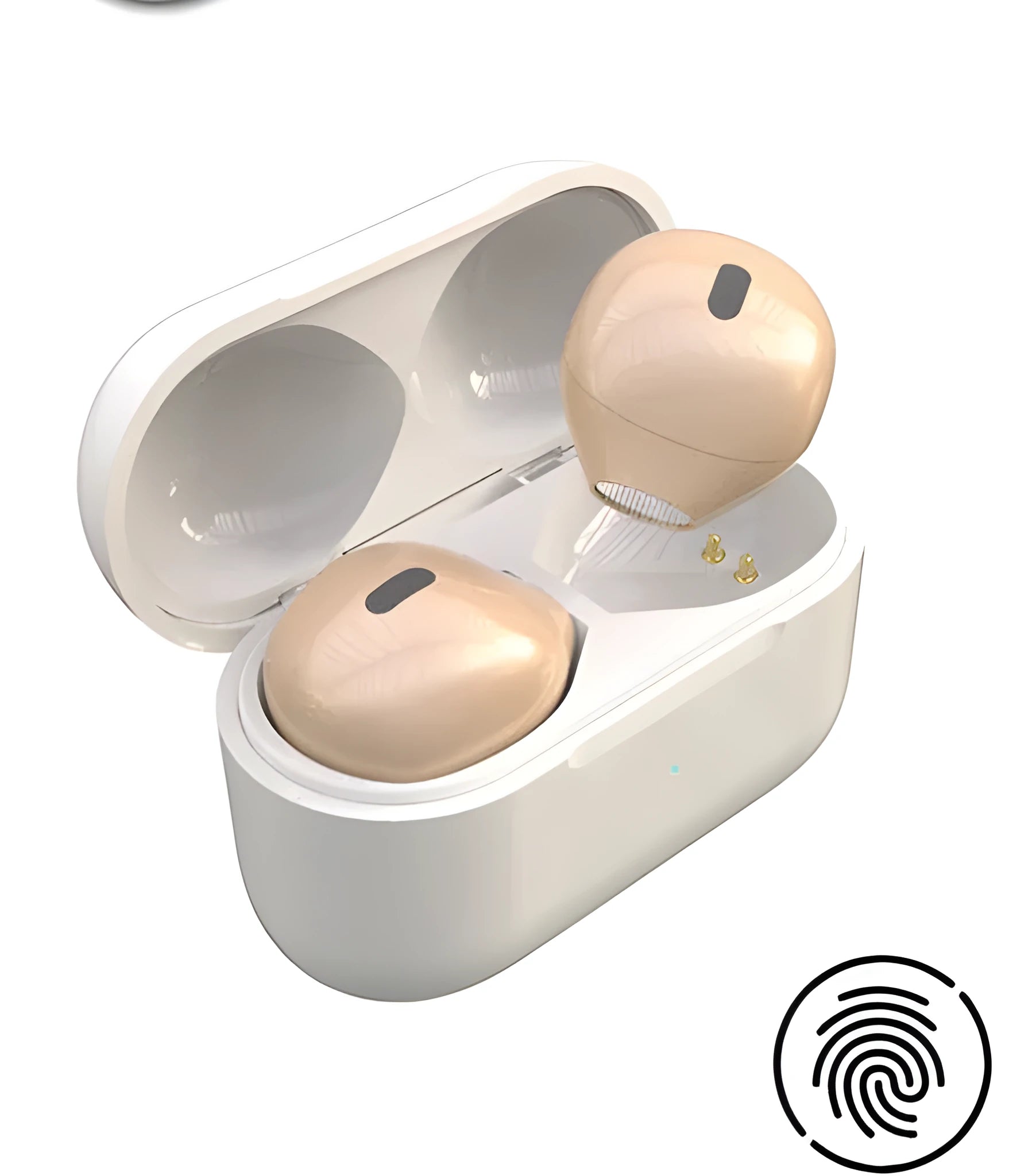 Invisible 9mm skin tone Bluetooth touch earphone shown next to white and pink colour options.