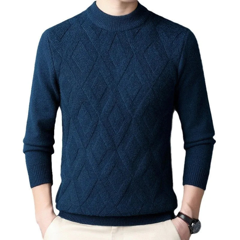 Men's winter thermal wool diamond jacquard pullover sweater shown in light camel colour