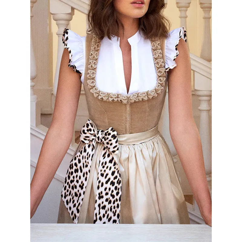 Khaki coloured German Oktoberfest style women's dress made from cotton polyester fabric.